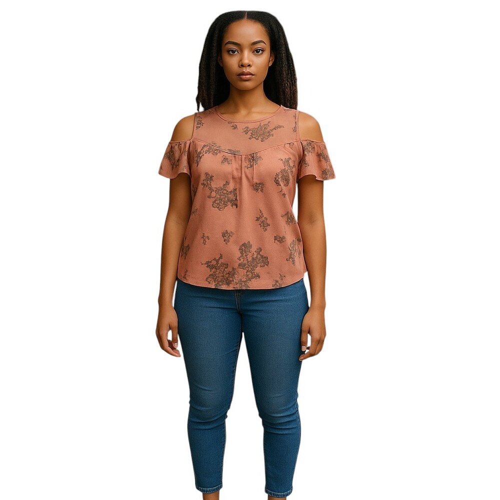 Floral Cold Shoulder Top - Peachy Coral